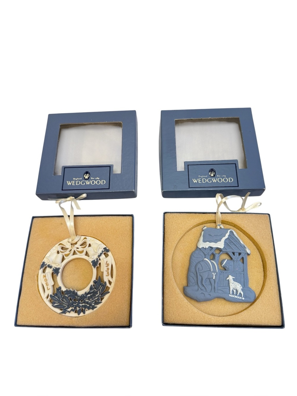 Wedgwood Vintage Collectible Nativity Wreath Christmas Ornament Bundle of 2